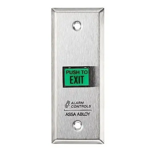 Narrow Green Square Push to Exit Button Satin Stainless Steel Finish