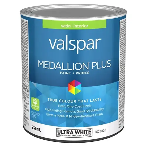 Interior Paint and Primer, Acrylic, Satin, Ultra White, 1 qt, 37 sq-m Coverage Area Interior Paint and Primer, Acrylic, Satin, Ultra White, 1 qt, 37 sq-m Coverage Area