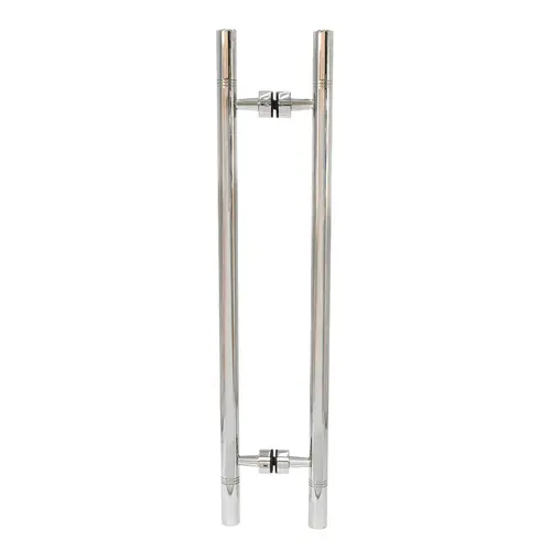 Polished Stainless 25" Overall Length Glass Mounted Back-to-Back Ladder Style Pull Handle with Undercut Accent Rings Polished Stainless 25" Overall Length Glass Mounted Back-to-Back Ladder Style Pull Handle with Undercut Accent Rings