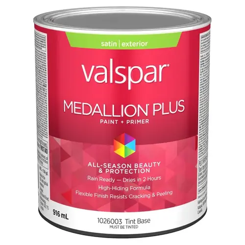 Exterior Paint and Primer, Acrylic, Satin, Tint Base, 1 qt, 400 sq-ft/gal Coverage Area Exterior Paint and Primer, Acrylic, Satin, Tint Base, 1 qt, 400 sq-ft/gal Coverage Area