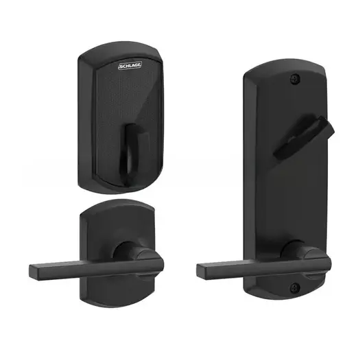 Control Smart Interconnected Lock UL Listed with Greenwich Trim and Latitude Lever with 4" Bore Spacing with 12356 Latch and 10152 Strike Matte Black Finish