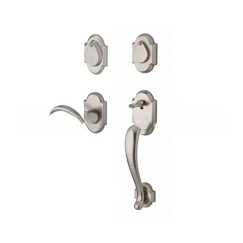 Double Cylinder Adirondack Handleset with Right Hand Arch Lever and Rustic Arch Rose with 6AL Latch and Dual Strike White Bronze Finish Double Cylinder Adirondack Handleset with Right Hand Arch Lever and Rustic Arch Rose with 6AL Latch and Dual Strike White Bronze Finish