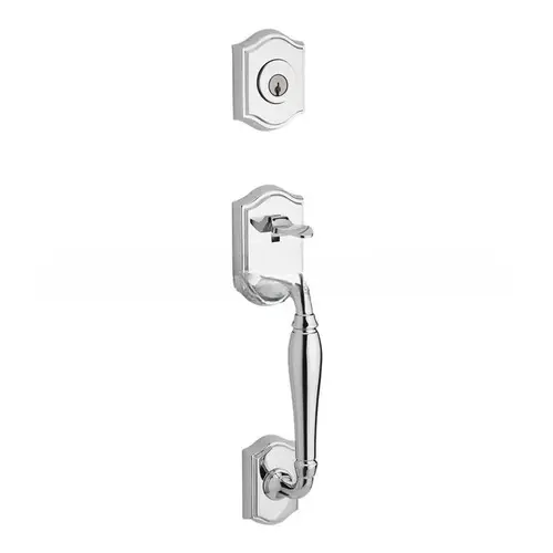 Double Cylinder Westcliff Handleset with Traditional Knob and Traditional Arch Rose with 6AL Latch, Dual Strike, and SmartKey Bright Chrome Finish Double Cylinder Westcliff Handleset with Traditional Knob and Traditional Arch Rose with 6AL Latch, Dual Strike, and SmartKey Bright Chrome Finish