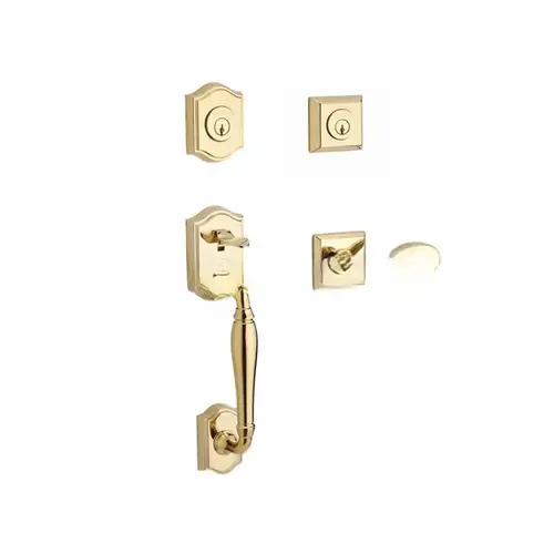 Double Cylinder Westcliff Handleset with Left Hand Curve Lever and Traditional Square Rose with 6AL Latch and Dual Strike Lifetime Brass Finish Double Cylinder Westcliff Handleset with Left Hand Curve Lever and Traditional Square Rose with 6AL Latch and Dual Strike Lifetime Brass Finish