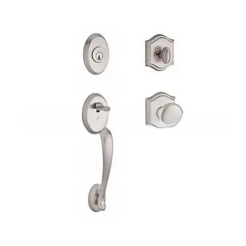 Single Cylinder Columbus Handleset Round Knob and Traditional Arch Rose with 6AL Latch and Dual Strike Satin Nickel Finish Single Cylinder Columbus Handleset Round Knob and Traditional Arch Rose with 6AL Latch and Dual Strike Satin Nickel Finish