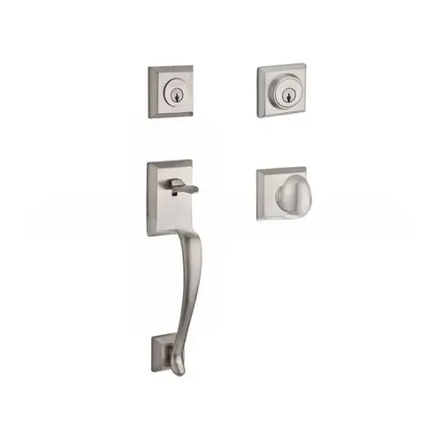 Double Cylinder Napa Handleset with Ellipse Knob Traditional Square Rose with 6AL Latch and Dual Strike Satin Nickel Finish Double Cylinder Napa Handleset with Ellipse Knob Traditional Square Rose with 6AL Latch and Dual Strike Satin Nickel Finish