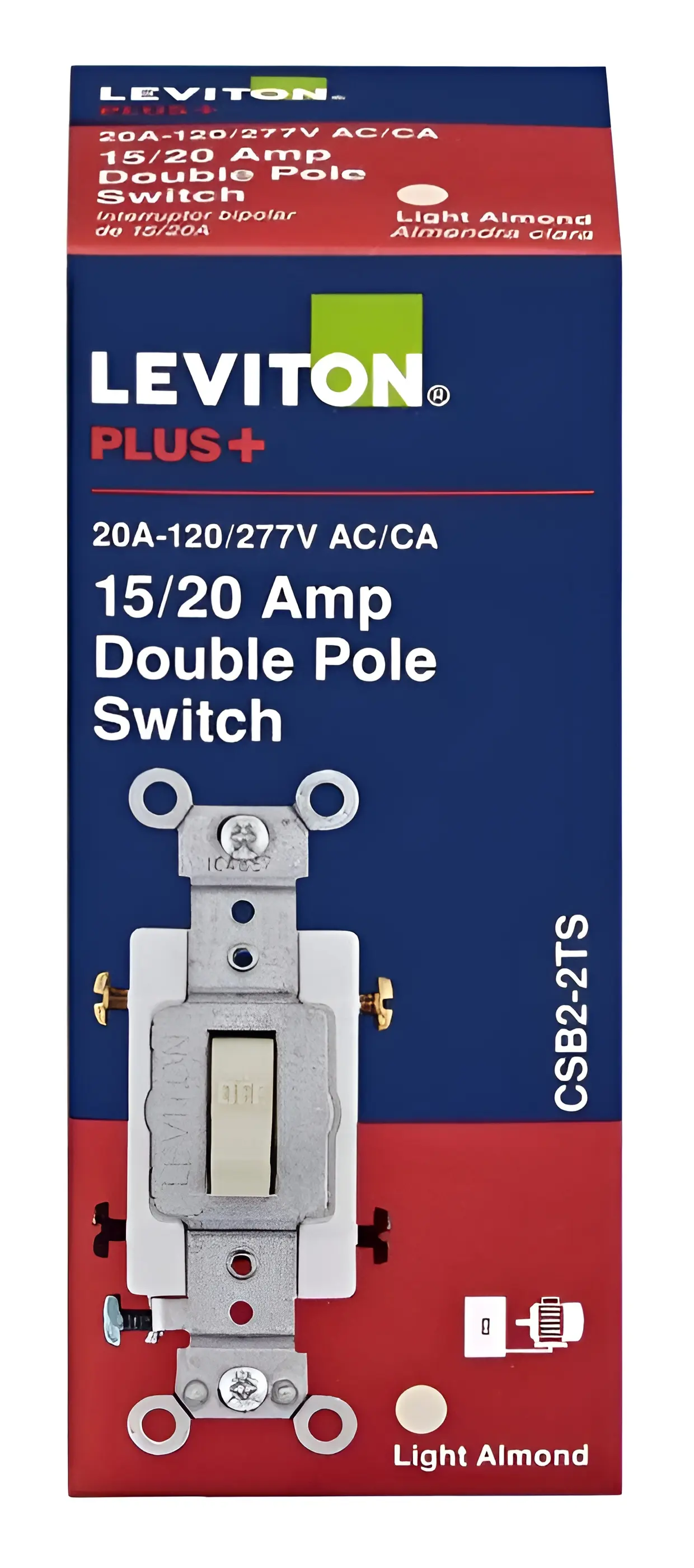 Leviton AC Quiet Switch 20 amps Double Pole Toggle Light Almond Light Almond 0CSB2-2TS