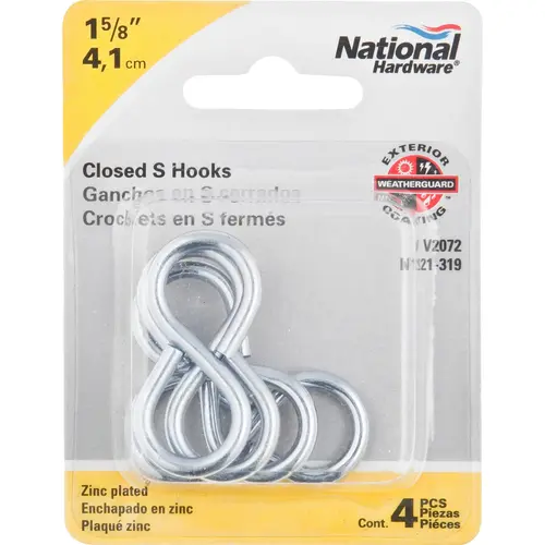 V2072 #810, 1-5/8" Closed S Hooks - Zinc Plated V2072 #810, 1-5/8" Closed S Hooks - Zinc Plated