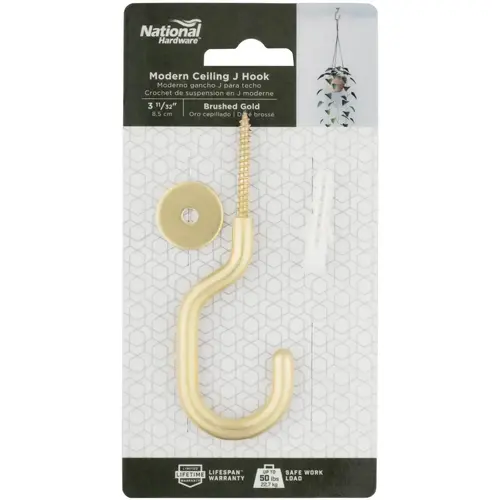 Modern Ceiling J Hook, Brushed Gold, 50-Lb. Load, 3-11/32 In. Modern Ceiling J Hook, Brushed Gold, 50-Lb. Load, 3-11/32 In.