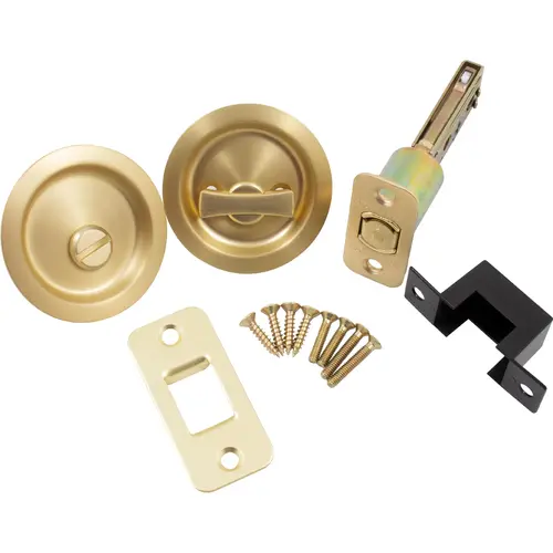 Round Pocket Door Lock Privacy with 2-3/8" Latch - Satin Brass Round Pocket Door Lock Privacy with 2-3/8" Latch - Satin Brass