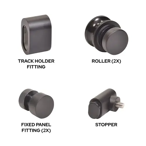 Matte Black Replacement Rollers, Fixed Panels, Wall Bracket & Stopper for Tofino Sliding Shower Door System Matte Black Replacement Rollers, Fixed Panels, Wall Bracket & Stopper for Tofino Sliding Shower Door System