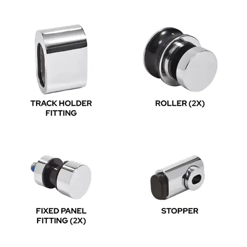 Polished Stainless Steel Replacement Rollers, Fixed Panels, Wall Bracket & Stopper for Tofino Sliding Shower Door System Polished Stainless Steel Replacement Rollers, Fixed Panels, Wall Bracket & Stopper for Tofino Sliding Shower Door System