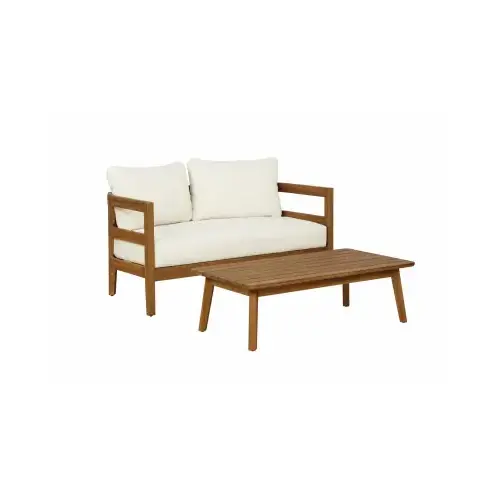 Cape May Wood Loveseat & Table, Beige Cushions Cape May Wood Loveseat & Table, Beige Cushions