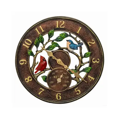 Outdoor Wall Clock & Thermometer, 3D Birds, 12 In. Outdoor Wall Clock & Thermometer, 3D Birds, 12 In.