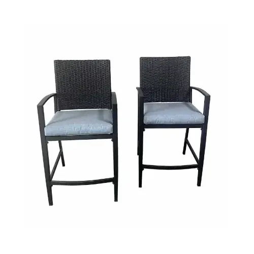 Set of 2 High Bistro Dining Chairs, Steel & Wicker-Look Resin, Cushions Set of 2 High Bistro Dining Chairs, Steel & Wicker-Look Resin, Cushions