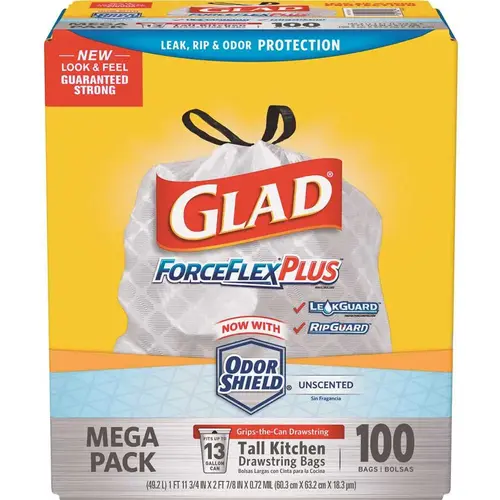 ForceFlexPlus 13 Gal. White Tall Kitchen Drawstring Trash Bags - pack of 100