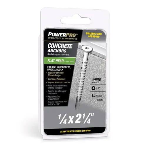 Concrete Screw Anchor 1/4" D X 2-1/4" L Carbon Steel Flat Head White Epoxy Coated Concrete Screw Anchor 1/4" D X 2-1/4" L Carbon Steel Flat Head White Epoxy Coated