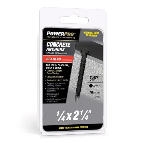 Concrete Screw Anchor 1/4" D X 2-1/4" L Carbon Steel Hex Head Black Epoxy Coated Concrete Screw Anchor 1/4" D X 2-1/4" L Carbon Steel Hex Head Black Epoxy Coated