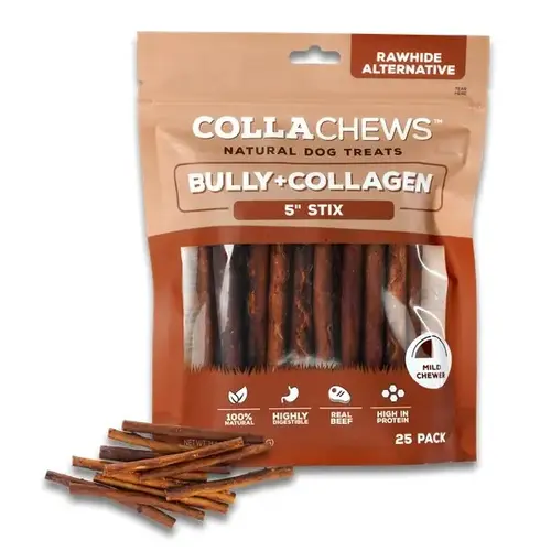 Bully + Collagen 5" Beef Stix - 8.8oz Bag pack of 25 Bully + Collagen 5" Beef Stix - 8.8oz Bag pack of 25