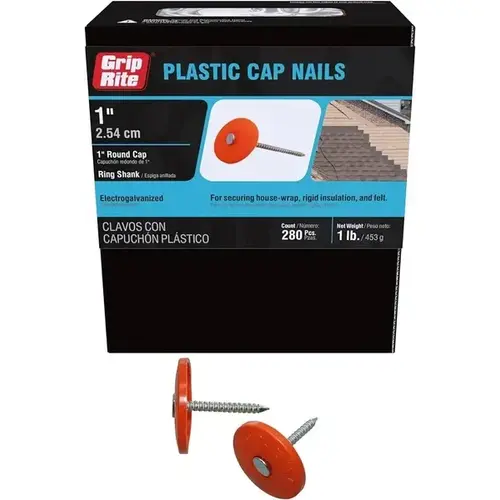 Nail - Plastic-Cap 12-Gauge 1" Ring-Shank - Electro-Galvanized pack of 250 Nail - Plastic-Cap 12-Gauge 1" Ring-Shank - Electro-Galvanized pack of 250