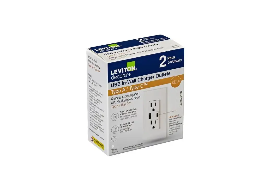 thumbnail image 2 of Leviton T5633-BW Decora Duplex Receptacle Outlet USB Charger White 15A/125V 2 of 3