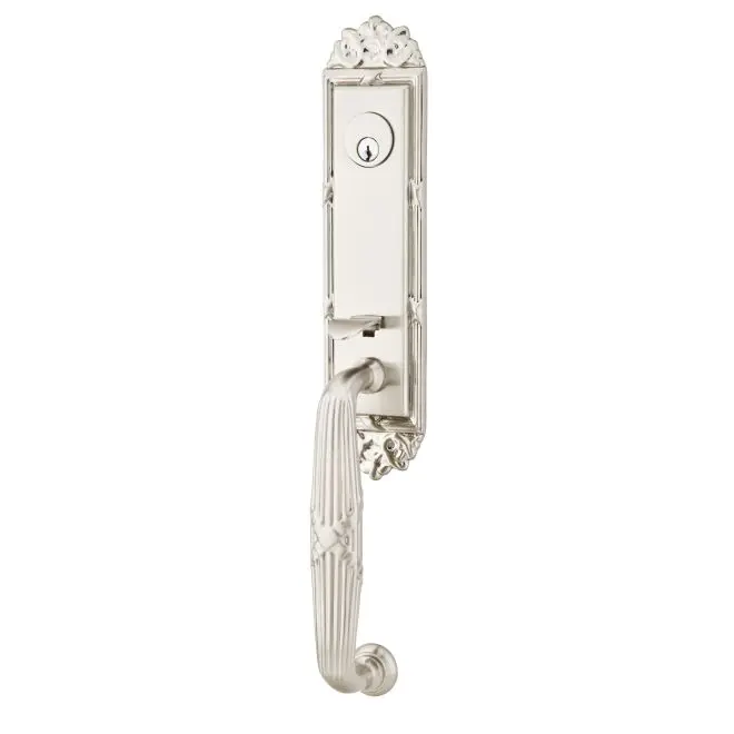 Emtek Ribbon & Reed Lever Left Hand 2-3/8 Or 2-3/4 Backset Single Cylinder Ribbon & Reed Tubular Handleset Satin Nickel Finish 4711RBLUS15LH Emtek Ribbon & Reed Lever Left Hand 2-3/8 Or 2-3/4 Backset Single Cylinder Ribbon & Reed Tubular Handleset Satin Nickel Finish 4711RBLUS15LH