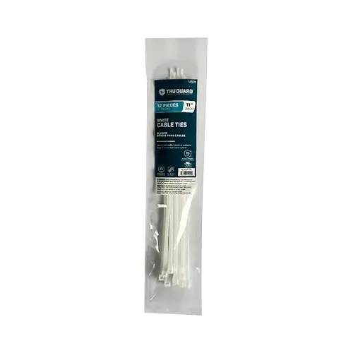 Self-Locking Cable Ties, White, 11 In - pack of 12