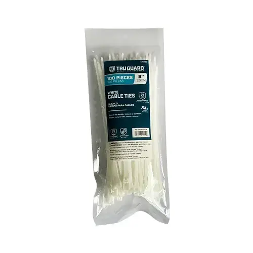 Self-Locking Cable Ties, White, 8 In - pack of 100