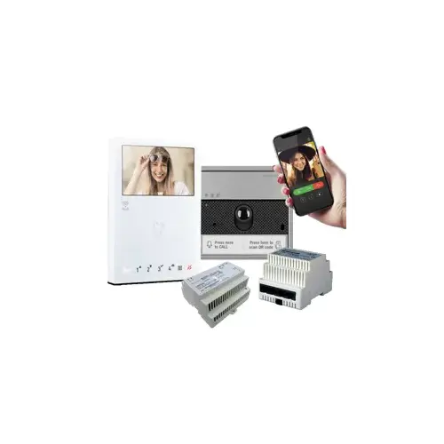 Single-Family Kit with (1) Ultra Audio/Video External Unit, (1) Slave Apartment Gateway, (1) Door Entry Mini Monitor, White, and (1) 30W Power Supply Single-Family Kit with (1) Ultra Audio/Video External Unit, (1) Slave Apartment Gateway, (1) Door Entry Mini Monitor, White, and (1) 30W Power Supply
