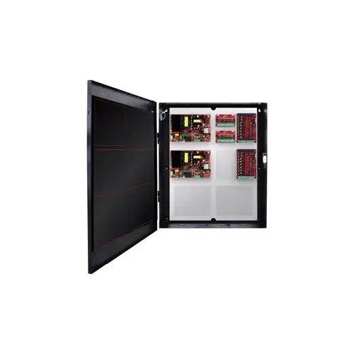 Up to 16 Doors, E4 Enclosure, 2x Mercury-Compatible Backplates, 150W and 250W Dual Voltage Power Supply, 2x 8 Output Lock Module - Fused, 2x 8 Output Auxiliary Distribution Module - Class 2 Power Limited