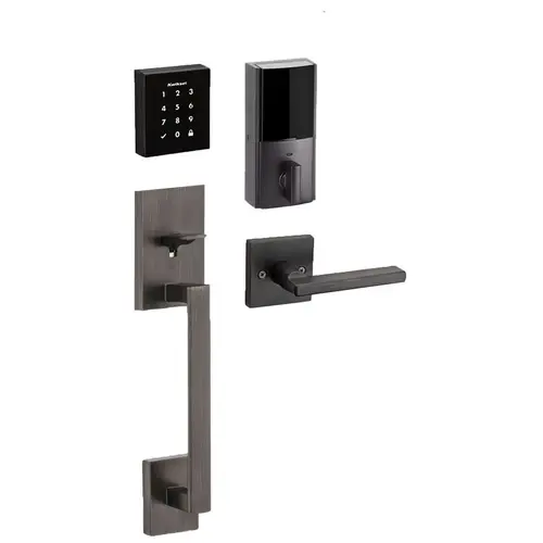 San Clemente Handleset with Halifax Interior Trim with Obsidian Touchpad Electronic Keyless Deadbolt with RCAL Latch and RCS Strike Venetian Bronze Finish San Clemente Handleset with Halifax Interior Trim with Obsidian Touchpad Electronic Keyless Deadbolt with RCAL Latch and RCS Strike Venetian Bronze Finish