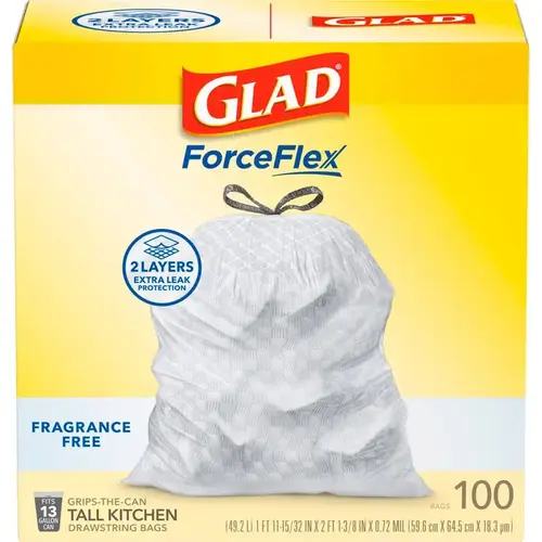 Kitchen Trash Bags Force Flex 13 gal No Scent Scent Drawstring 100 pk 0.72 mil White - pack of 400 Kitchen Trash Bags Force Flex 13 gal No Scent Scent Drawstring 100 pk 0.72 mil White - pack of 400