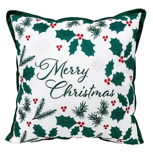 Pillow Home White Holly Berry Merry Christmas 16" White