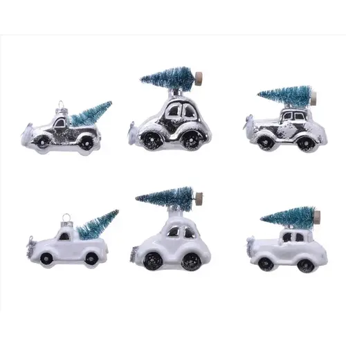 Ornament White/ Blue Car with Tree 4" White/ Blue
