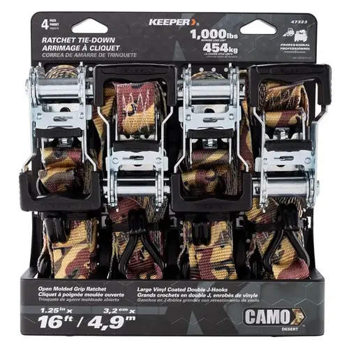 Ratchet Tie-Down with Open Handle, 1-1/4 in W, 16 ft L, Camo, 1000 lb Working Load, J-Hook End