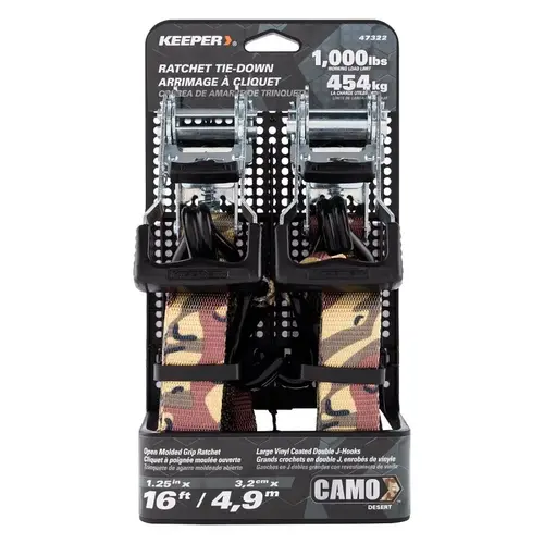 Ratchet Tie-Down with Open Handle, 1-1/4 in W, 16 ft L, Camo, 1000 lb Working Load, J-Hook End