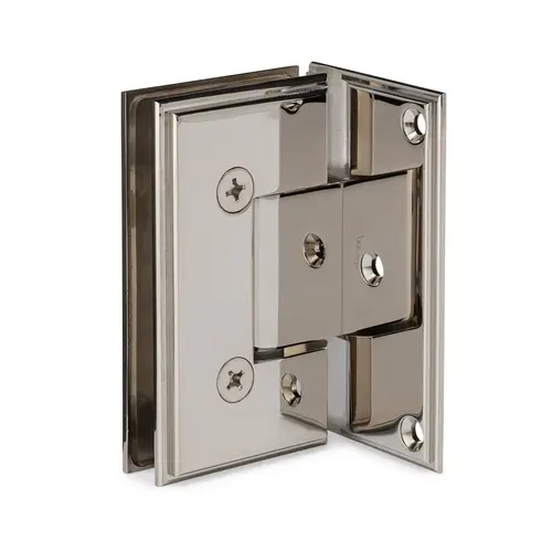 Symphony Heavy Duty 90 degree Wall-Glass Hinge with Offset Backplate & 5 degree Offset - Polished Nickel Symphony Heavy Duty 90 degree Wall-Glass Hinge with Offset Backplate & 5 degree Offset - Polished Nickel
