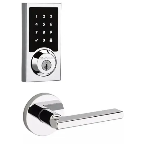 Contemporary Smartcode Touchpad Electronic Deadbolt SmartKey with Halifax Lever and Round Rose Lockset with RCAL Latch and RCS Strike Bright Chrome Finish Contemporary Smartcode Touchpad Electronic Deadbolt SmartKey with Halifax Lever and Round Rose Lockset with RCAL Latch and RCS Strike Bright Chrome Finish