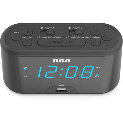 USB Charging Clock Radio RCA 4.9" Black Digital Plug-In Black