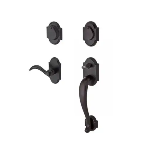 Double Cylinder Adirondack Handleset with Right Hand Arch Lever and Rustic Arch Rose with 6AL Latch and Dual Strike Dark Bronze Finish Double Cylinder Adirondack Handleset with Right Hand Arch Lever and Rustic Arch Rose with 6AL Latch and Dual Strike Dark Bronze Finish