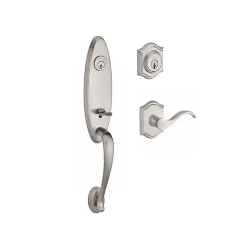 Double Cylinder Chesapeake Handleset with Left Hand Curve Lever and Traditional Arch Rose with 6AL Latch and Dual Strike Satin Nickel Finish Double Cylinder Chesapeake Handleset with Left Hand Curve Lever and Traditional Arch Rose with 6AL Latch and Dual Strike Satin Nickel Finish
