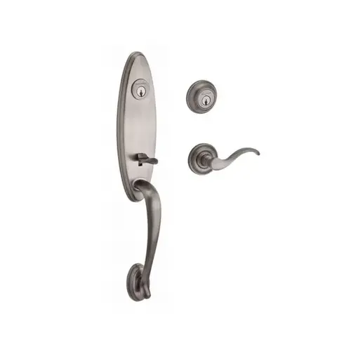 Double Cylinder Chesapeake Handleset with Left Hand Curve Lever and Traditional Round Rose with 6AL Latch and Dual Strike Matte Antique Nickel Finish Double Cylinder Chesapeake Handleset with Left Hand Curve Lever and Traditional Round Rose with 6AL Latch and Dual Strike Matte Antique Nickel Finish