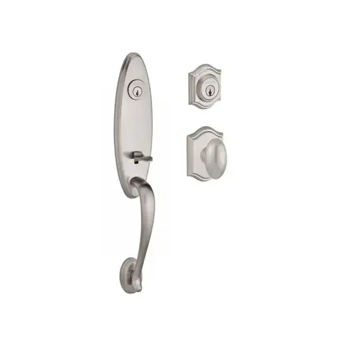 Double Cylinder Chesapeake Handleset with Ellipse Knob Traditional Arch Rose with 6AL Latch and Dual Strike Satin Nickel Finish Double Cylinder Chesapeake Handleset with Ellipse Knob Traditional Arch Rose with 6AL Latch and Dual Strike Satin Nickel Finish