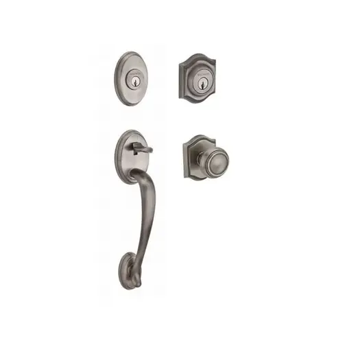 Double Cylinder Columbus Handleset with Traditional Knob and Traditional Arch Rose with 6AL Latch and Dual Strike Matte Antique Nickel Finish Double Cylinder Columbus Handleset with Traditional Knob and Traditional Arch Rose with 6AL Latch and Dual Strike Matte Antique Nickel Finish