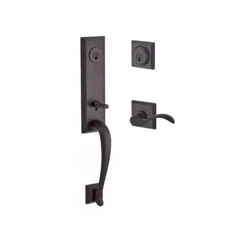 Double Cylinder Del Mar Handleset with Right Hand Curve Lever and Traditional Square Rose with 6AL Latch and Dual Strike Venetian Bronze Finish Double Cylinder Del Mar Handleset with Right Hand Curve Lever and Traditional Square Rose with 6AL Latch and Dual Strike Venetian Bronze Finish