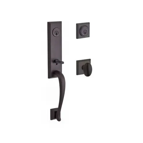 Double Cylinder Del Mar Handleset with Ellipse Knob Traditional Square Rose with 6AL Latch and Dual Strike Venetian Bronze Finish Double Cylinder Del Mar Handleset with Ellipse Knob Traditional Square Rose with 6AL Latch and Dual Strike Venetian Bronze Finish