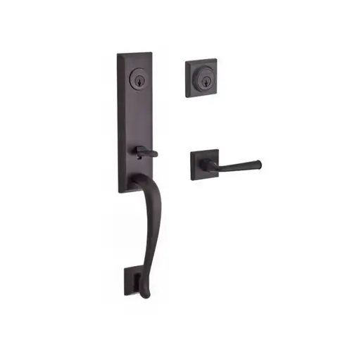 Double Cylinder Del Mar Handleset with Right Hand Federal Lever and Traditional Square Rose with 6AL Latch and Dual Strike Venetian Bronze Finish Double Cylinder Del Mar Handleset with Right Hand Federal Lever and Traditional Square Rose with 6AL Latch and Dual Strike Venetian Bronze Finish