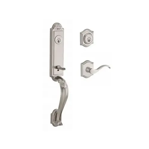 Double Cylinder Elizabeth Handleset with Right Hand Curve Lever and Traditional Arch Rose with 6AL Latch and Dual Strike Satin Nickel Finish Double Cylinder Elizabeth Handleset with Right Hand Curve Lever and Traditional Arch Rose with 6AL Latch and Dual Strike Satin Nickel Finish