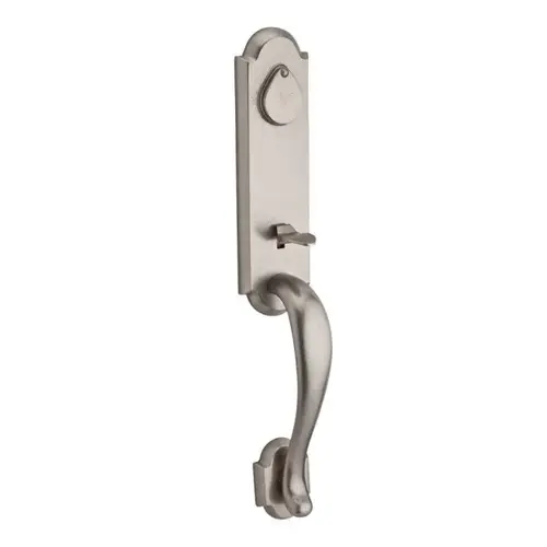 Double Cylinder Kodiak Handleset with Left Hand Arch Lever and Rustic Square Rose with 6AL Latch and Dual Strike White Bronze Finish Double Cylinder Kodiak Handleset with Left Hand Arch Lever and Rustic Square Rose with 6AL Latch and Dual Strike White Bronze Finish