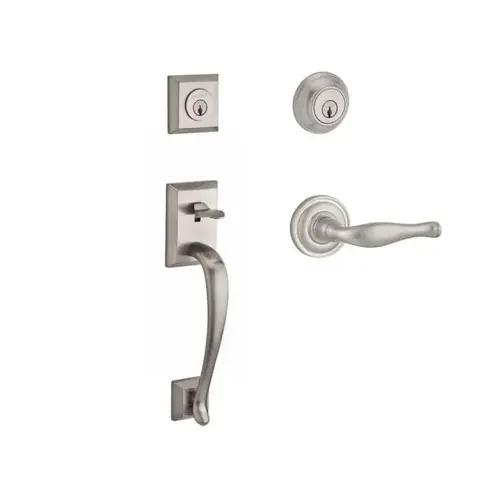Double Cylinder Napa Handleset with Right Hand Decorative Lever and Traditional Round Rose with 6AL Latch and Dual Strike Satin Nickel Finish Double Cylinder Napa Handleset with Right Hand Decorative Lever and Traditional Round Rose with 6AL Latch and Dual Strike Satin Nickel Finish